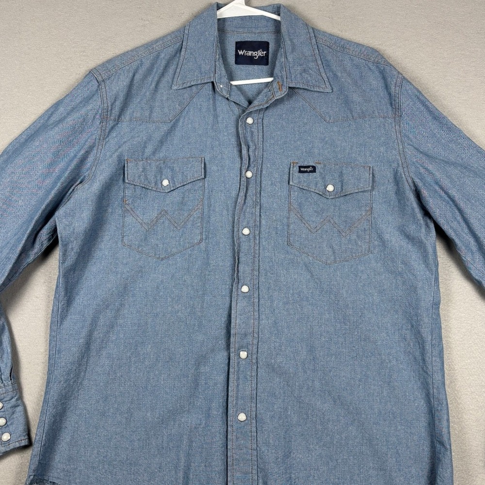 Wrangler Western Pearl Snap Shirt Blue Chambray Large Blue - Picture 2 of 9